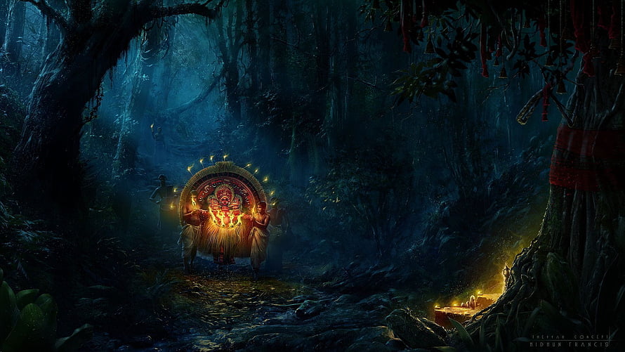 Theyyam Ritual Performance in a Dark Misty Forest with Glowing Torches and Traditional Attire HD wallpaper
