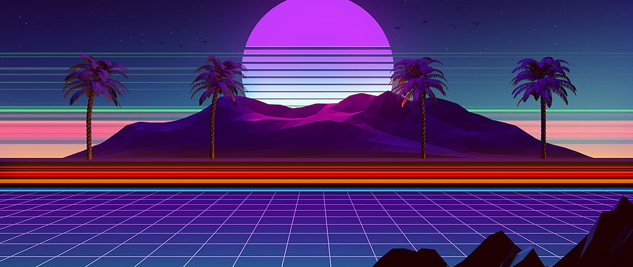 Retro Wave Sunset with Palm Trees and Neon Grid Landscape HD wallpaper