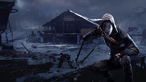 Dead by Daylight Legion Killer Crouching in Snowy Abandoned Resort HD wallpaper