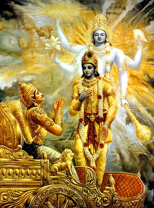Krishna and Arjuna in the Bhagavad Gita with the Vishwaroopa form of Lord Vishnu HD phone wallpaper