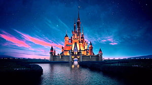 Magical Disney Castle at Night with Glowing Lights and Starry Sky HD wallpaper