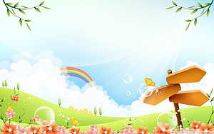 Spring Meadow Illustration with Rainbow, Butterflies, and Wooden Signpost HD wallpaper