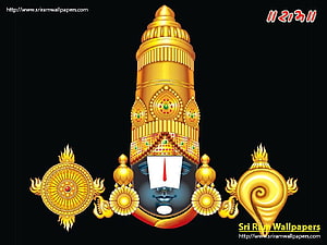 Lord Venkateswara Divine Icon with Golden Chakra and Conch on Black Background HD wallpaper