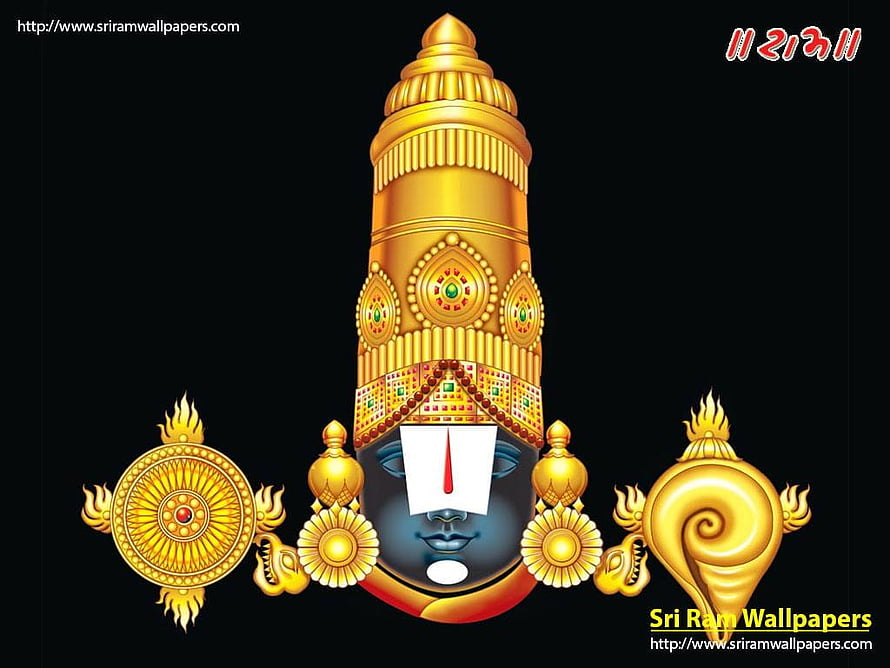 Lord Venkateswara Divine Icon with Golden Chakra and Conch on Black Background HD wallpaper