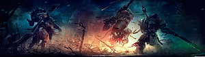 Dark Fantasy Battle Scene with Armored Warriors and Fiendish Creatures in a Fiery Battlefield HD wallpaper