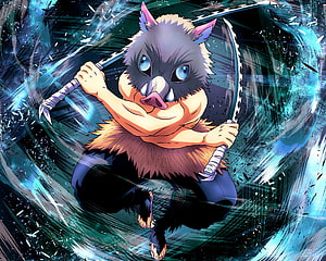 Inosuke Hashibira from Demon Slayer wielding dual swords in dynamic anime action pose HD wallpaper