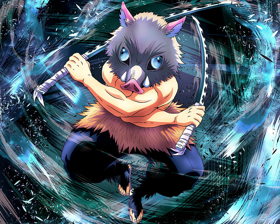 Inosuke Hashibira from Demon Slayer wielding dual swords in dynamic anime action pose HD wallpaper