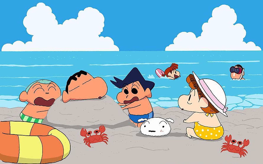 Crayon Shin-chan Characters Enjoying a Sunny Day at the Beach with Crabs and Ocean Waves HD wallpaper