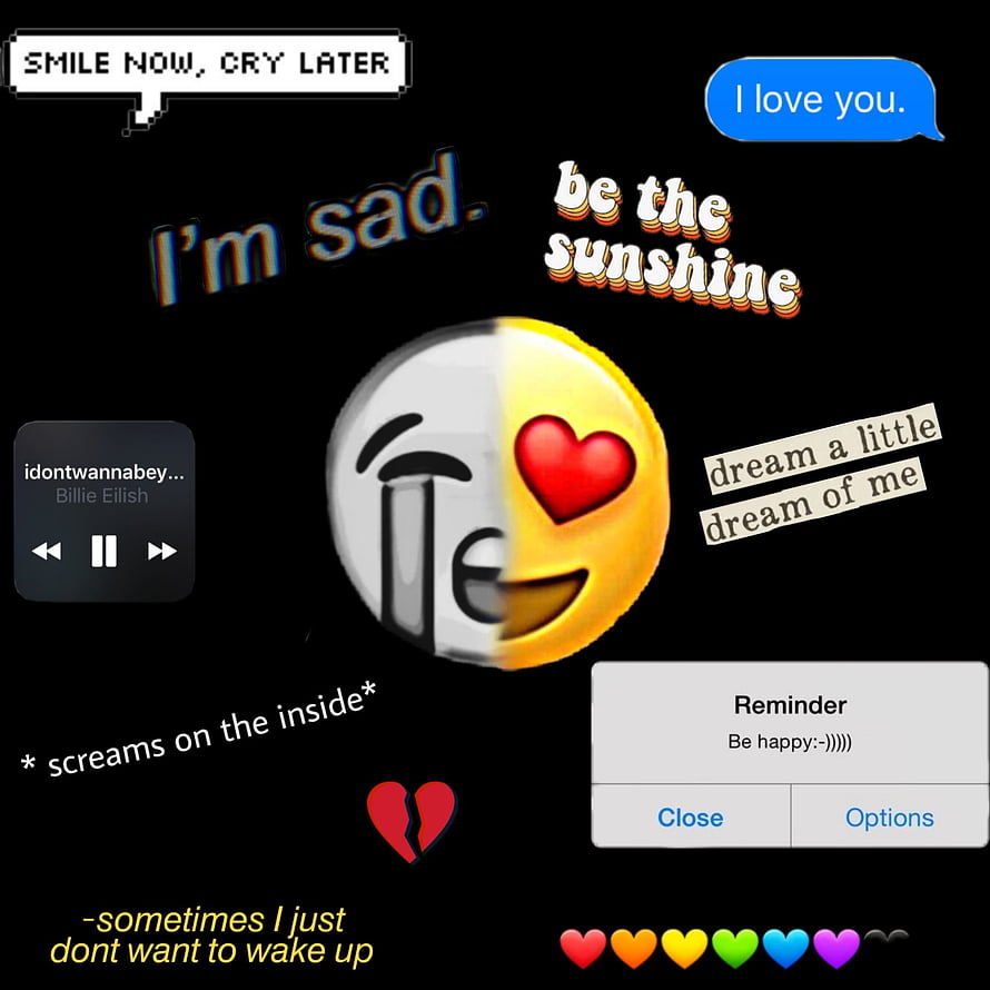 Depression Aesthetic Collage Featuring Split Emoji, Billie Eilish Music Player, and Emotional Text Overlays HD phone wallpaper