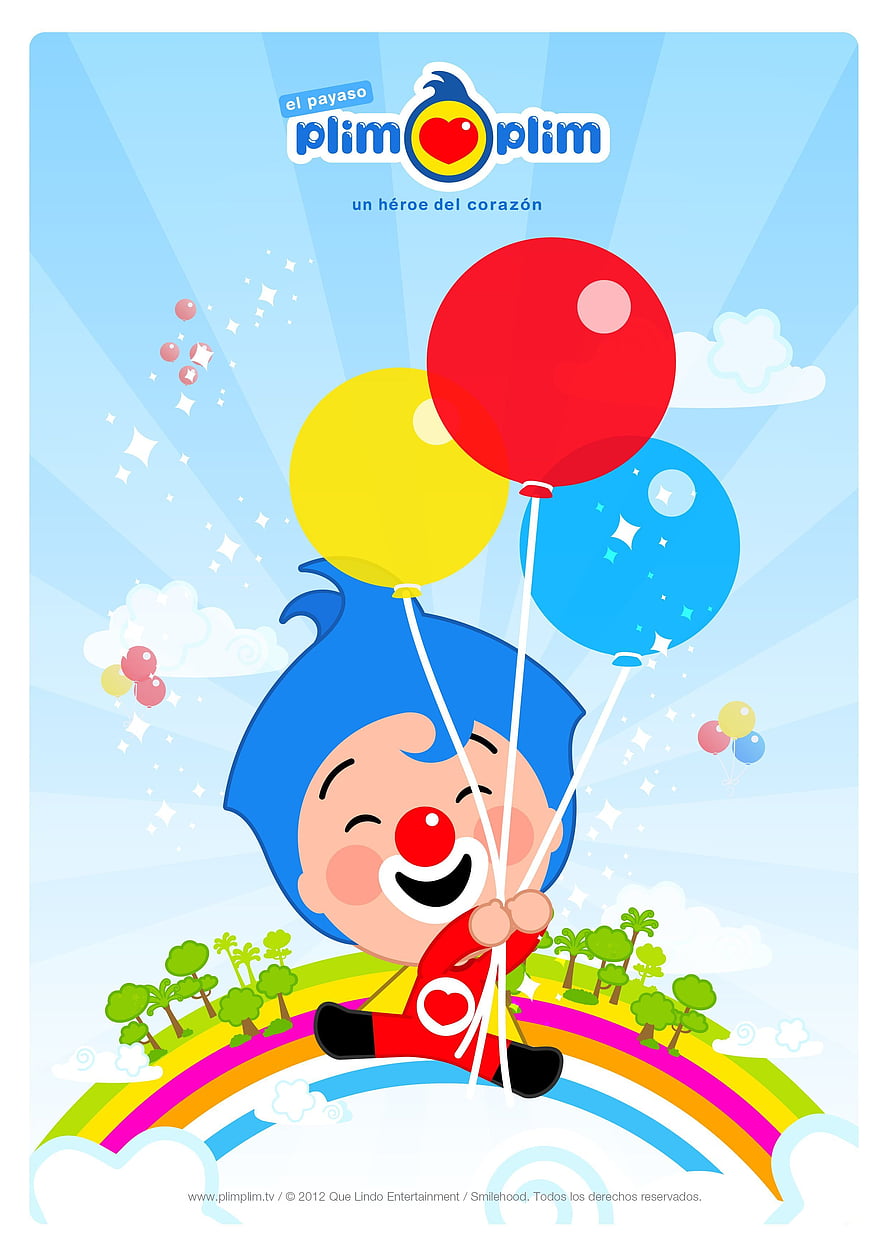 Plim Plim the Clown Character Floating with Balloons on a Rainbow HD phone wallpaper