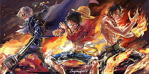 One Piece Anime Artwork Featuring Monkey D. Luffy, Sabo, and Ace in Dynamic Action Pose HD wallpaper