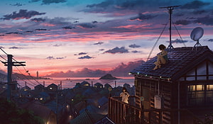 Anime Girl on Rooftop at Sunset Over Coastal Town HD wallpaper