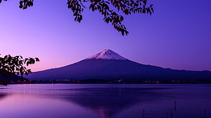 Mount Fuji at Dusk with Purple Sky and Calm Lake Reflection HD wallpaper