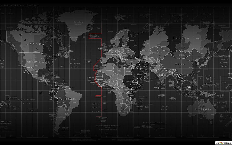 Dark World Time Zones Map with Red Meridian Line and Country Labels HD wallpaper