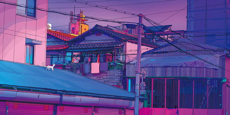 Synthwave Cityscape With Cat On Roof And Neon Pink Buildings HD wallpaper