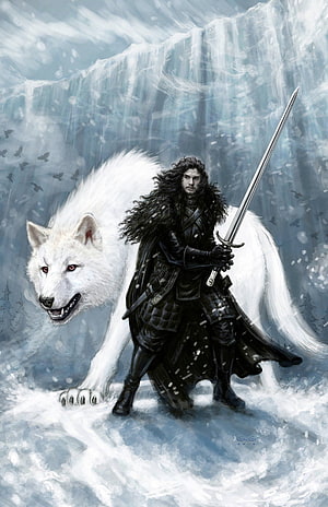 Jon Snow and Ghost Standing Before the Wall in Snowy Winter Landscape HD phone wallpaper