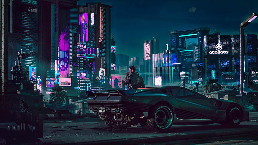 Cyberpunk 2077 Night City Street Scene with Futuristic Sports Car and Neon Skyscrapers HD wallpaper