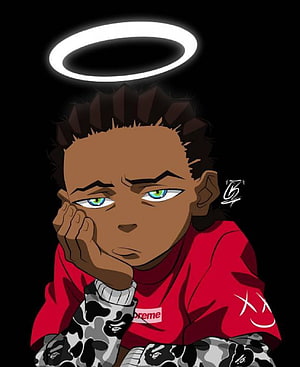 Anime Boy With Halo And Green Eyes Wearing Red Hoodie And Camo Sleeves HD phone wallpaper