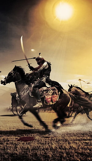 Islamic Warrior on Horseback Charging with Scimitar and Spear in Golden Light HD phone wallpaper