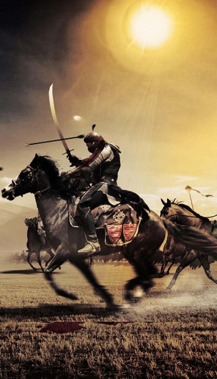 Islamic Warrior on Horseback Charging with Scimitar and Spear in Golden Light HD phone wallpaper
