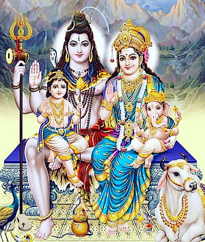 Lord Shiva and Goddess Parvati with Ganesha and Kartikeya in a Traditional Indian Painting HD phone wallpaper