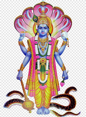Blue-skinned Hindu deity Vishnu standing with four arms, adorned in golden jewelry and pink robes, with a multi-headed cobra canopy overhead and a snake coiled at his feet HD phone wallpaper