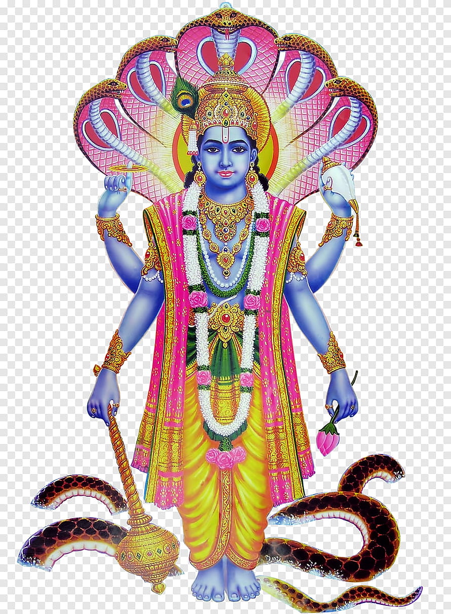 Blue-skinned Hindu deity Vishnu standing with four arms, adorned in golden jewelry and pink robes, with a multi-headed cobra canopy overhead and a snake coiled at his feet HD phone wallpaper