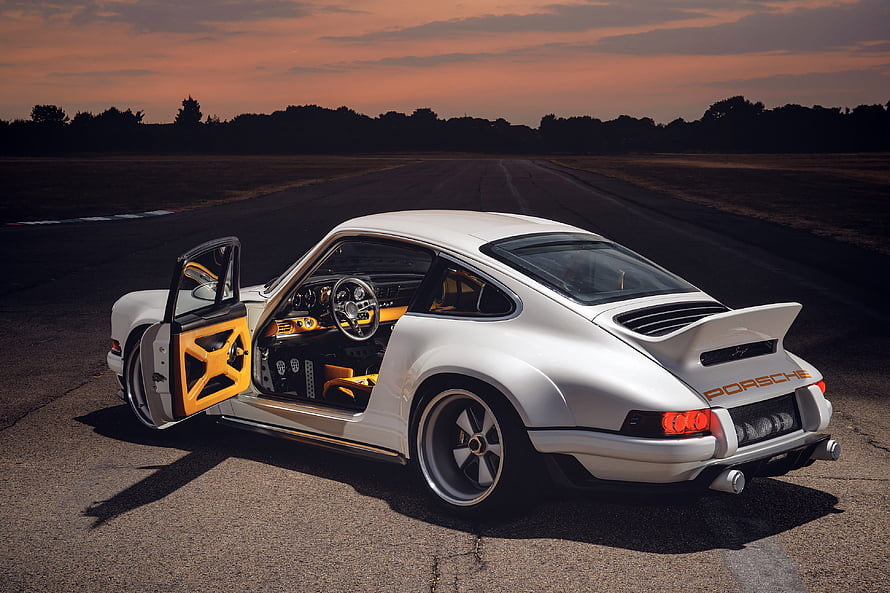 Singer DLS by Porsche: White Classic 911 with Orange Interior on Sunset Runway HD wallpaper