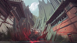 Futuristic Sci-Fi Alleyway With Glowing Red Energy And Tall Structures HD wallpaper