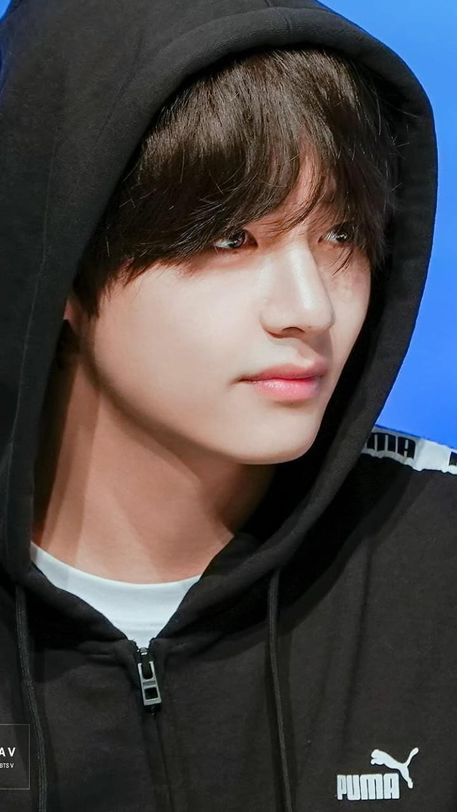 BTS V in Black Puma Hoodie with Soft Blue Background HD phone wallpaper