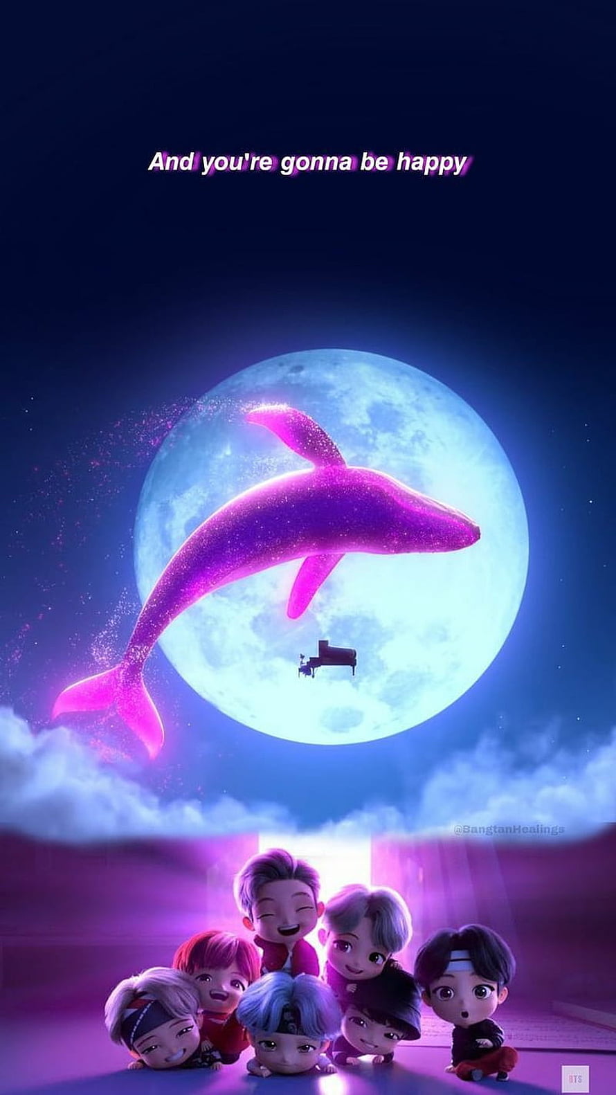 BTS Chibi Characters Under a Glowing Moon with a Pink Dolphin and Grand Piano HD phone wallpaper