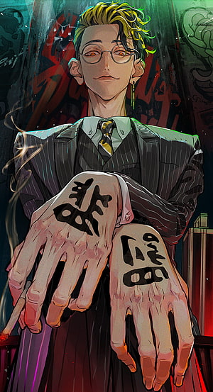 Hanma Shuuji from Tokyo Revengers in a pinstripe suit with kanji tattoos on his hands HD phone wallpaper