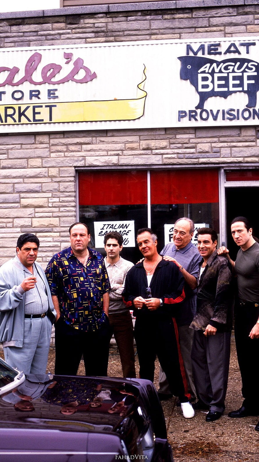 The Sopranos Cast Group Photo in Front of Bada Bing's Meat Market Storefront HD phone wallpaper