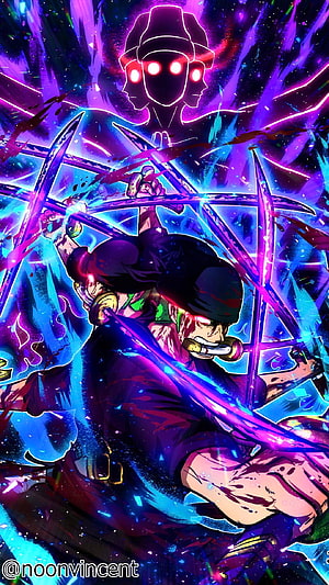 Roronoa Zoro wielding three swords with glowing purple energy and a spectral figure in the background HD phone wallpaper