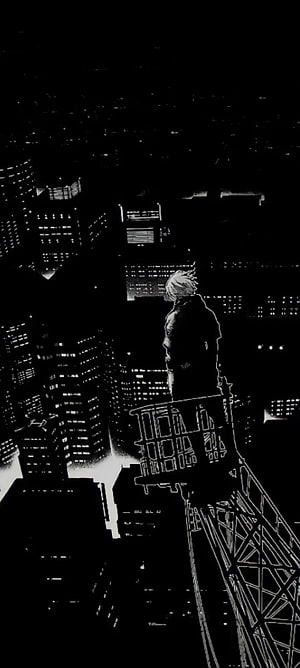 Kaneki Ken Standing on a Rooftop Overlooking a Dark Cityscape in High-Contrast Black and White Manga Style HD phone wallpaper