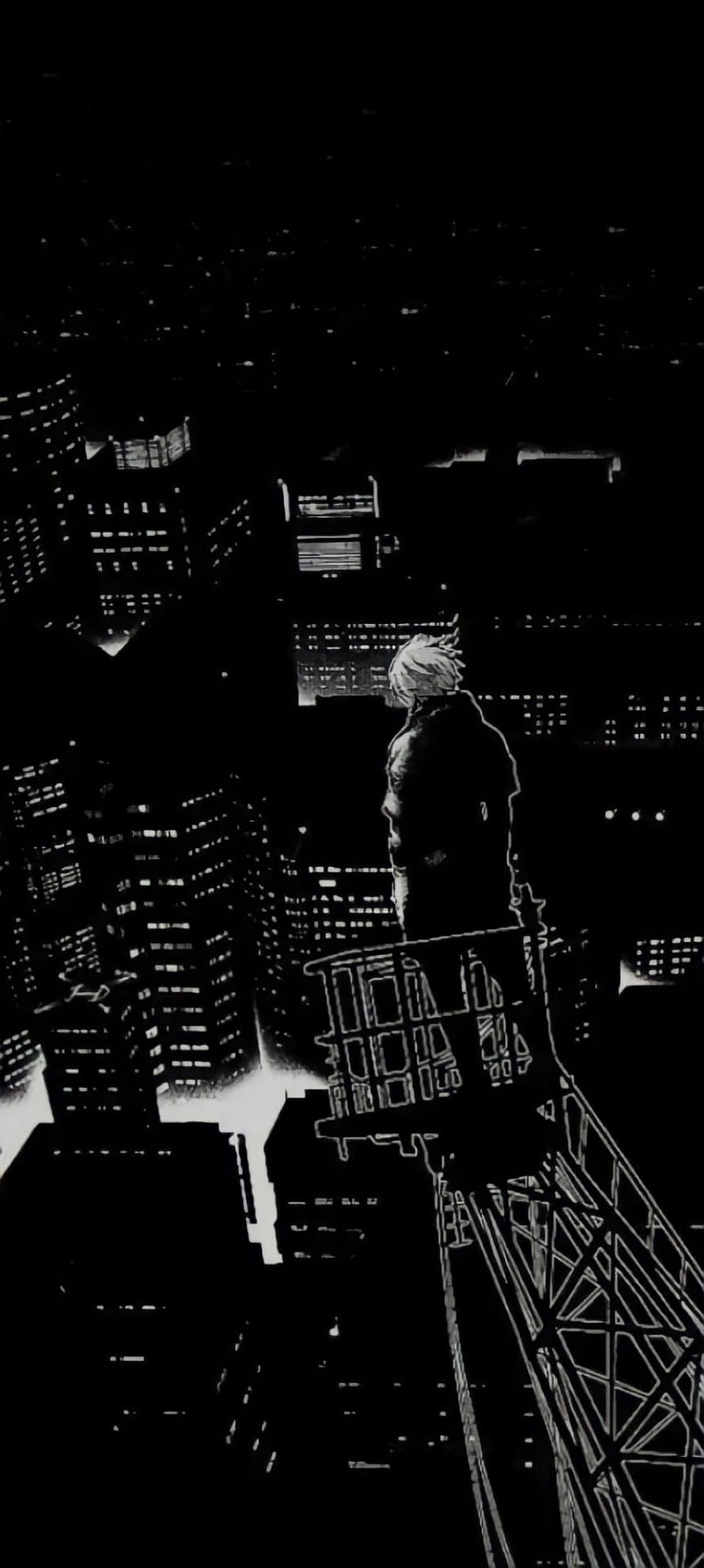 Kaneki Ken Standing on a Rooftop Overlooking a Dark Cityscape in High-Contrast Black and White Manga Style HD phone wallpaper
