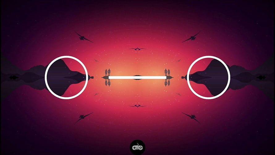 Abstract Minimalist Artwork With Symmetrical Circles And Silhouettes Against A Vibrant Sunset Gradient HD wallpaper