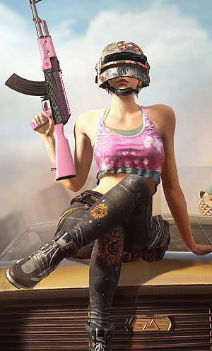 PUBG Mobile Female Character in Pink Tie-Dye Outfit Holding Customized Rifle HD phone wallpaper