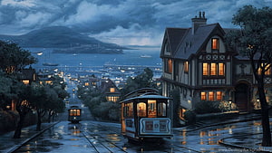 Atmospheric Night Scene of Vintage Cable Cars on a Rainy Hill Overlooking a Harbor HD wallpaper