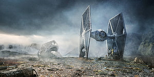 Abandoned TIE Fighter in a Desolate Post-Apocalyptic Landscape HD wallpaper