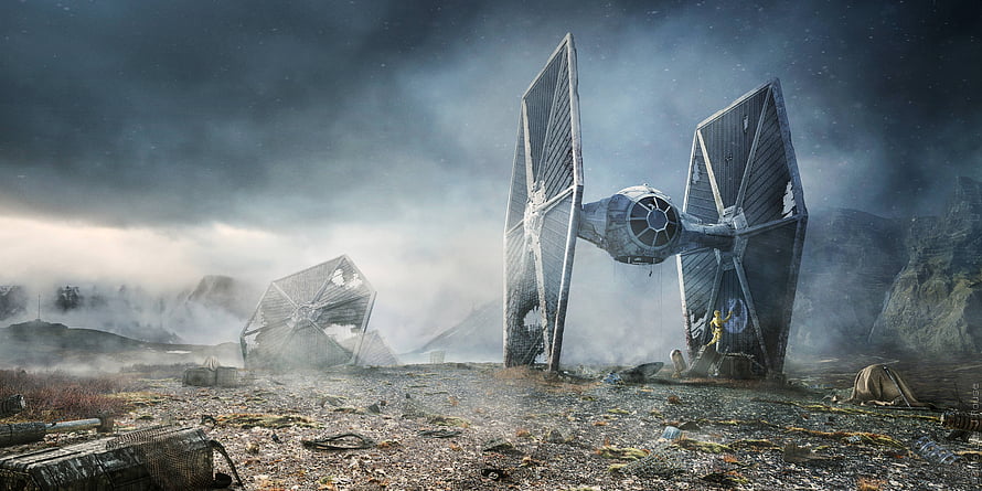 Abandoned TIE Fighter in a Desolate Post-Apocalyptic Landscape HD wallpaper