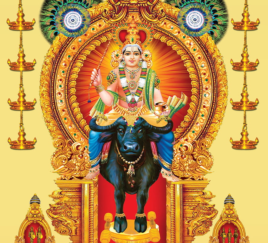 Lord Shiva Riding Nandi Bull in Golden Temple with Peacock Feathers and Oil Lamps HD wallpaper