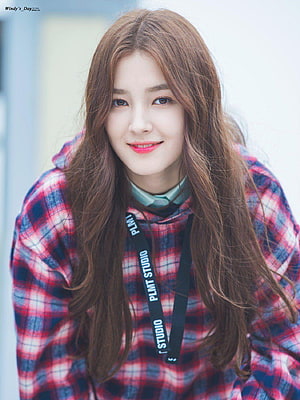 Nancy from Momoland in a Red Plaid Hoodie with Studio Lanyard HD phone wallpaper