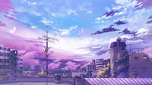 Anime Style Cityscape With Purple Sky And Rooftop Antenna HD wallpaper