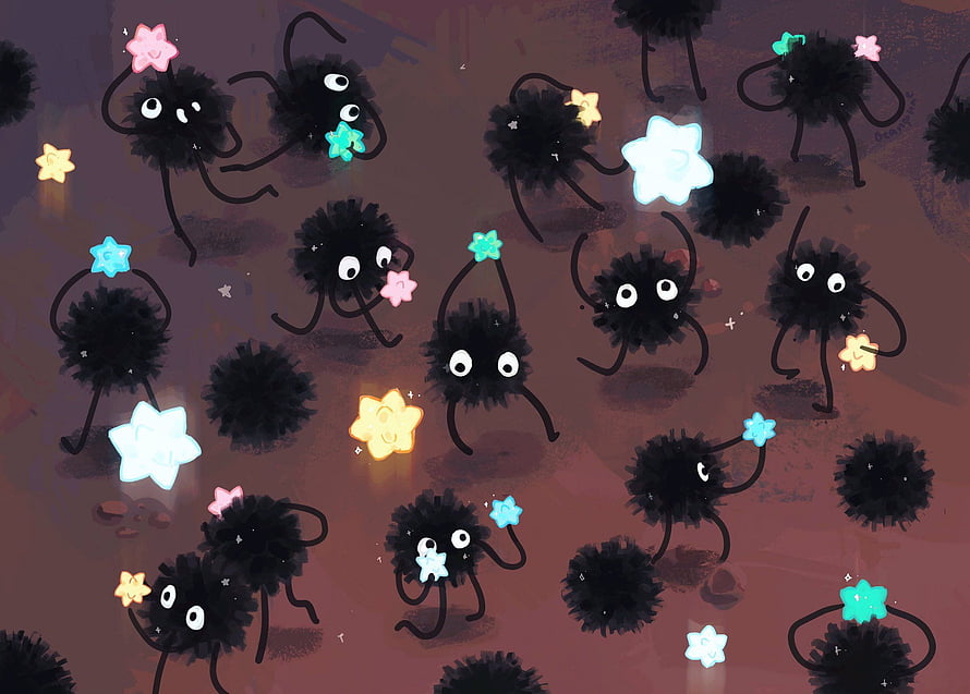 Cute Black Fluffy Monsters Holding Glowing Stars Digital Art HD wallpaper