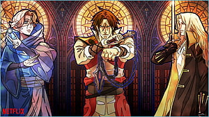 Castlevania Anime Characters in Stained Glass Cathedral Setting HD wallpaper