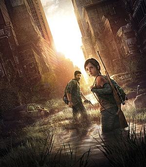 The Last of Us Joel and Ellie Walking Through Overgrown Post-Apocalyptic City Street HD phone wallpaper