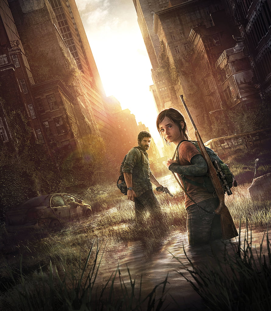 The Last of Us Joel and Ellie Walking Through Overgrown Post-Apocalyptic City Street HD phone wallpaper