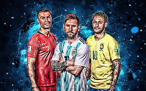 Cristiano Ronaldo, Lionel Messi, and Neymar Jr. in National Team Jerseys HD wallpaper