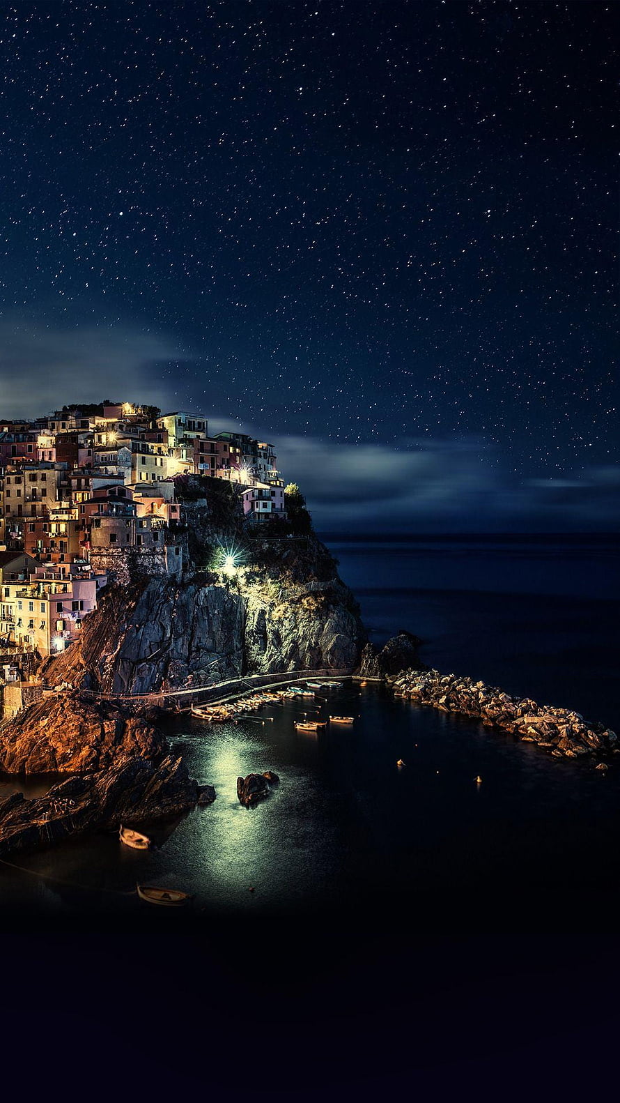Manarola Cinque Terre Coastal Village at Night Under a Starry Sky HD phone wallpaper
